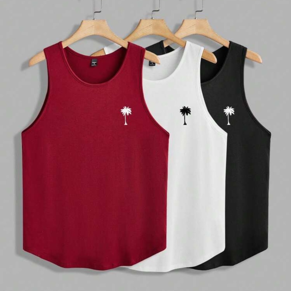 Manfinity 3pcs Palm Tree Graphic Regular Fit Tank, Black/White/Khaki For Men